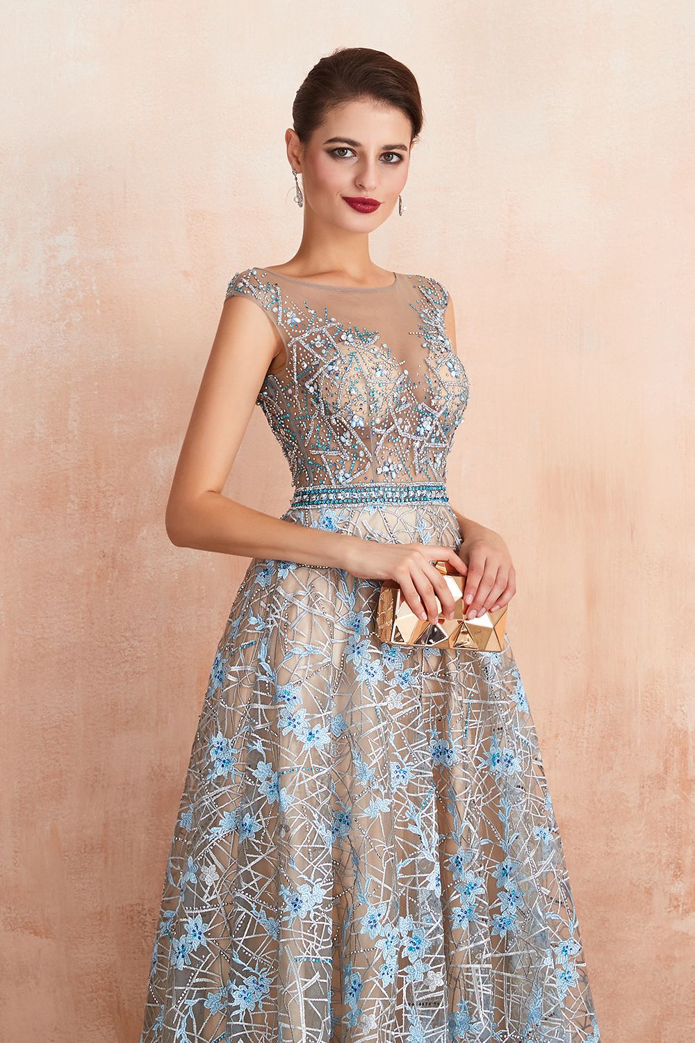 Bateau Cap Sleeves Belted Sexy Long Lace Prom Dresses | Gorgeous Lace ...
