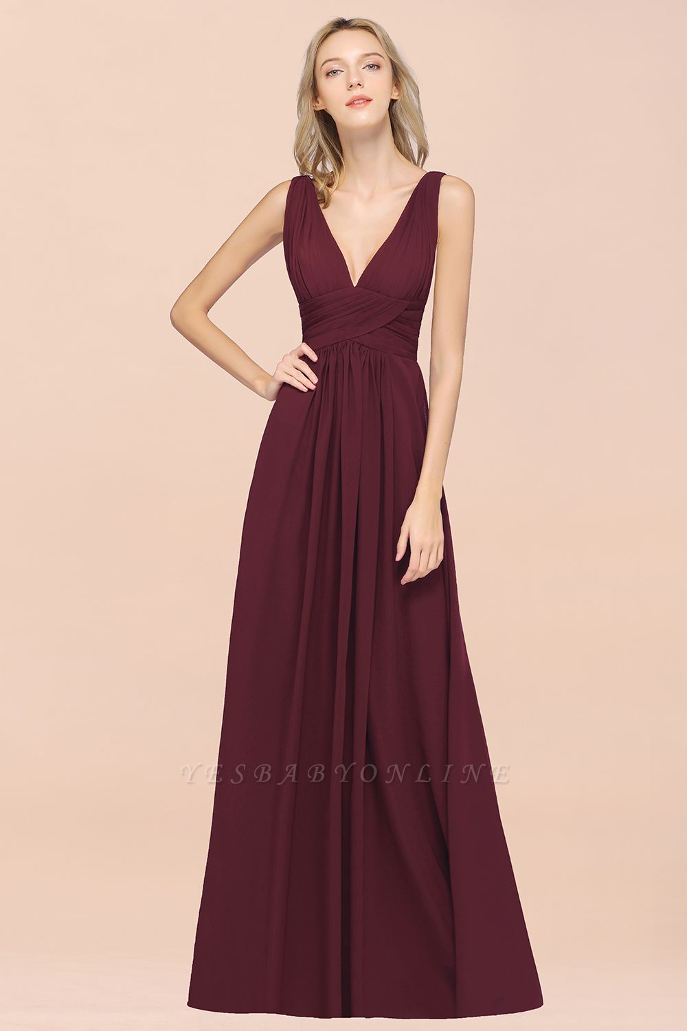 A-Line V-Neck Sleeveless Floor-Length  Bridesmaid Dress with Ruffle