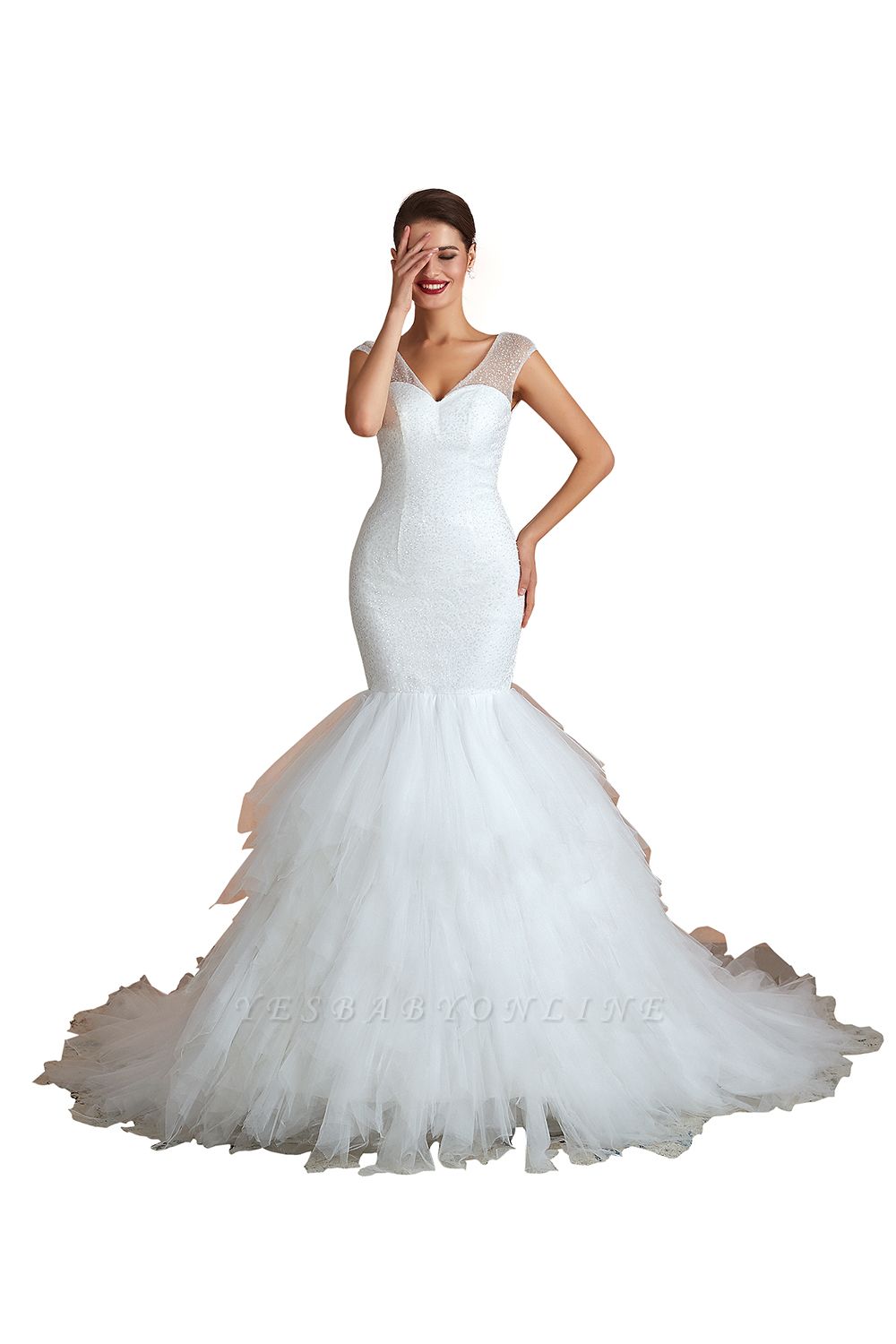 Floor Length V-neck Cap Sleeves Sexy Mermaid Wedding Dresses | Affordable Bridal Gown