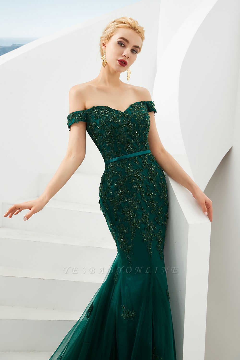 Gorgeous Off the Shoulder Jade Long Mermaid Prom Dresses | Floor Length ...