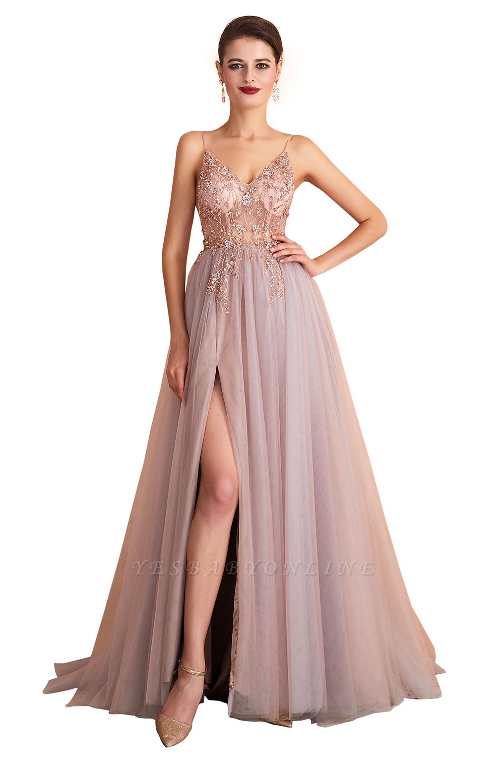Spaghetti Straps V-neck Sheer Top Sexy Long Prom Dresses with Side Slit | Elegant Tulle Evening Dresses
