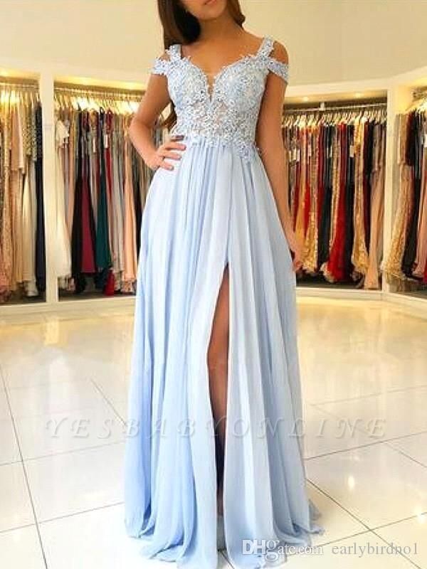 Elegant Cold Sleeves Appliques Chiffon Sky Blue Prom Dresses with Side Slit