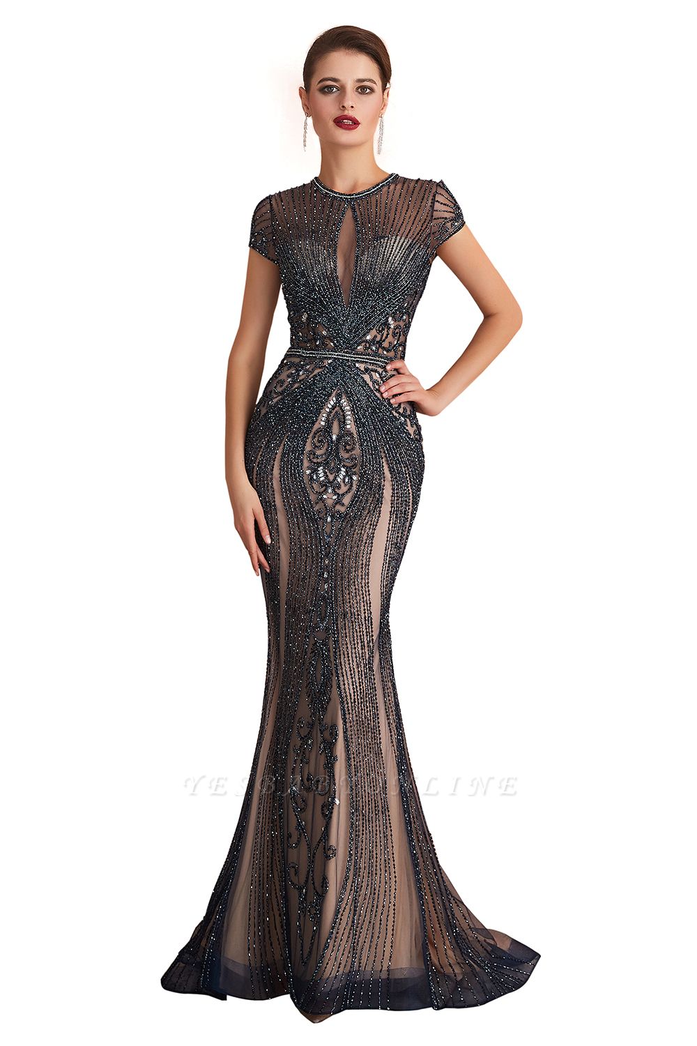 Cap Sleeves Keyhole Jewel Gorgeous Beaded Long Prom Dresses | Elegant Long Evening Dresses