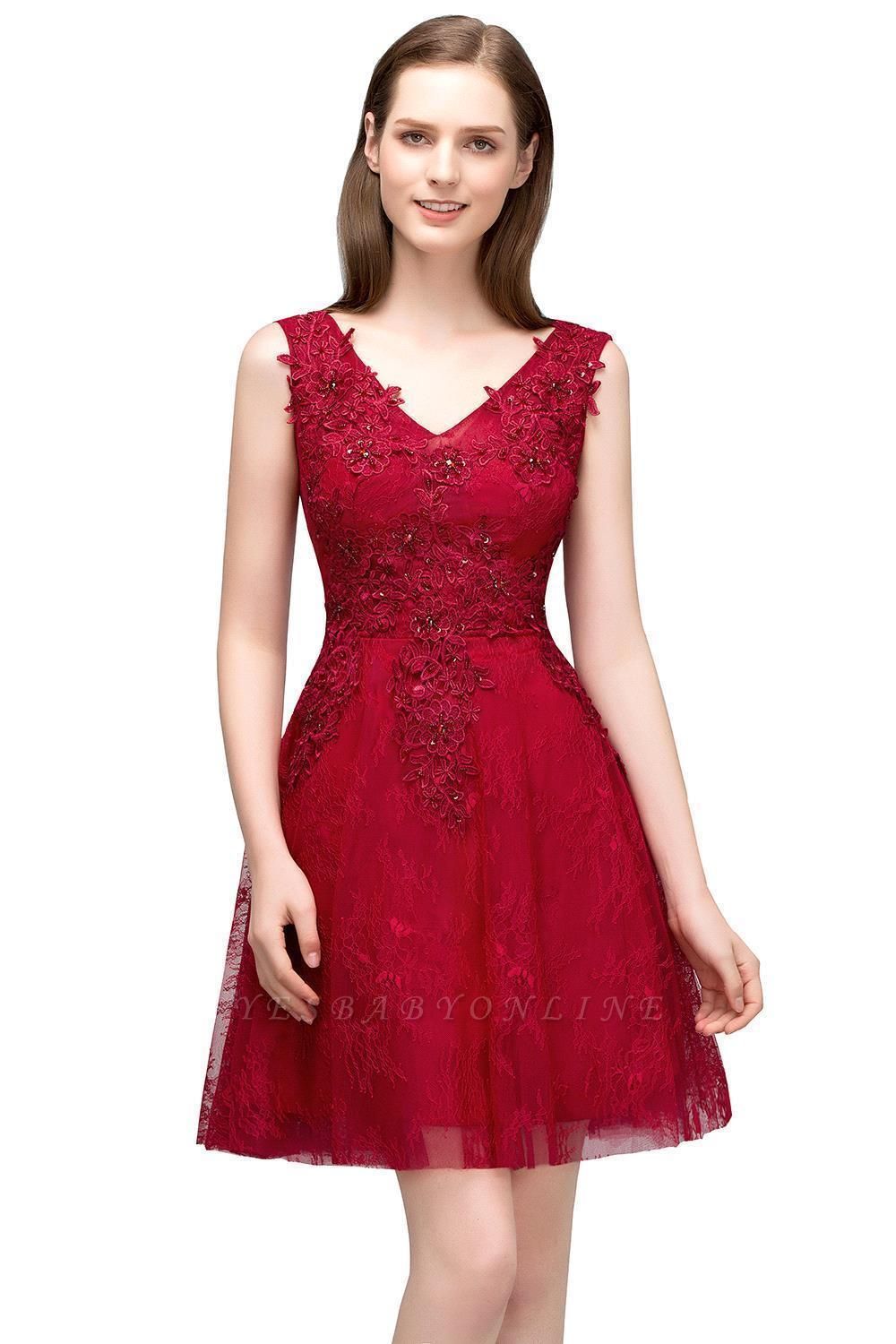 JULIA | A-line Sleeveless Short V-neck Lace Appliqued Tulle Prom Dresses
