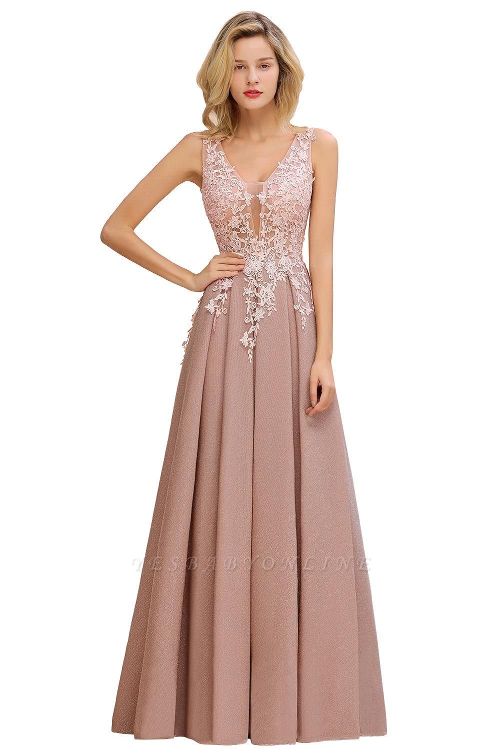 Elegant Sleeveless V-neck Floor Length Appliques Prom Dresses | Backless Evening Dresses