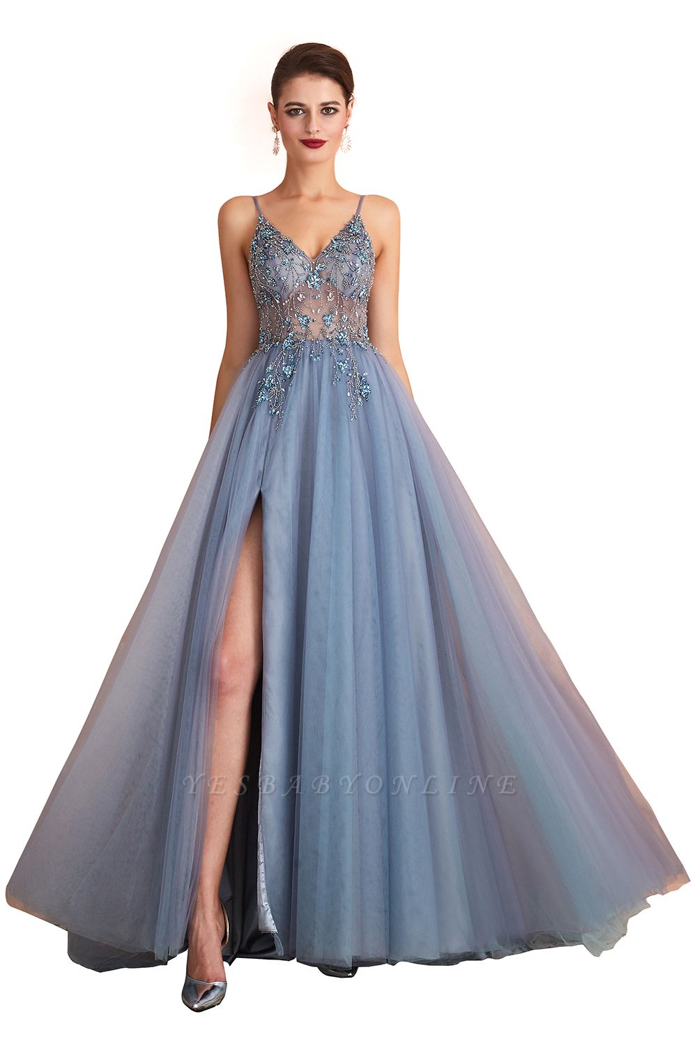 Spaghetti Straps V-neck Sheer Top Sexy Long Prom Dresses with Side Slit | Elegant Tulle Evening Dresses