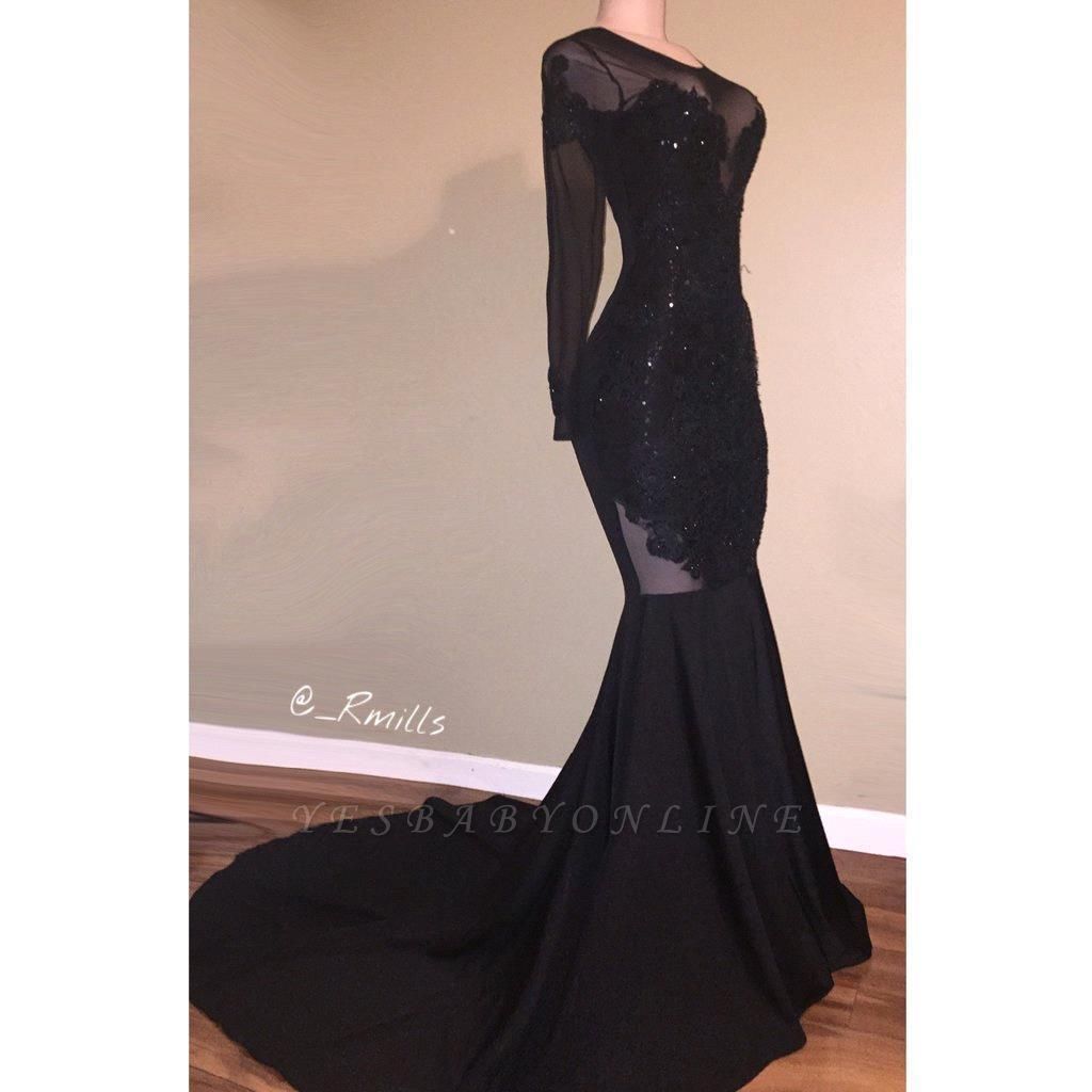 Long-Sleeves Backless Black Mermaid Appliques Sexy Prom Dress