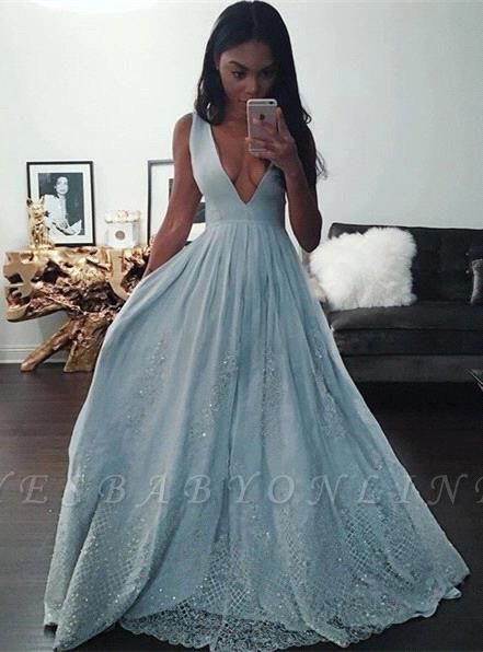 Pretty Beading Lace Baby-Blue V-neck Sleeveless Prom Dress