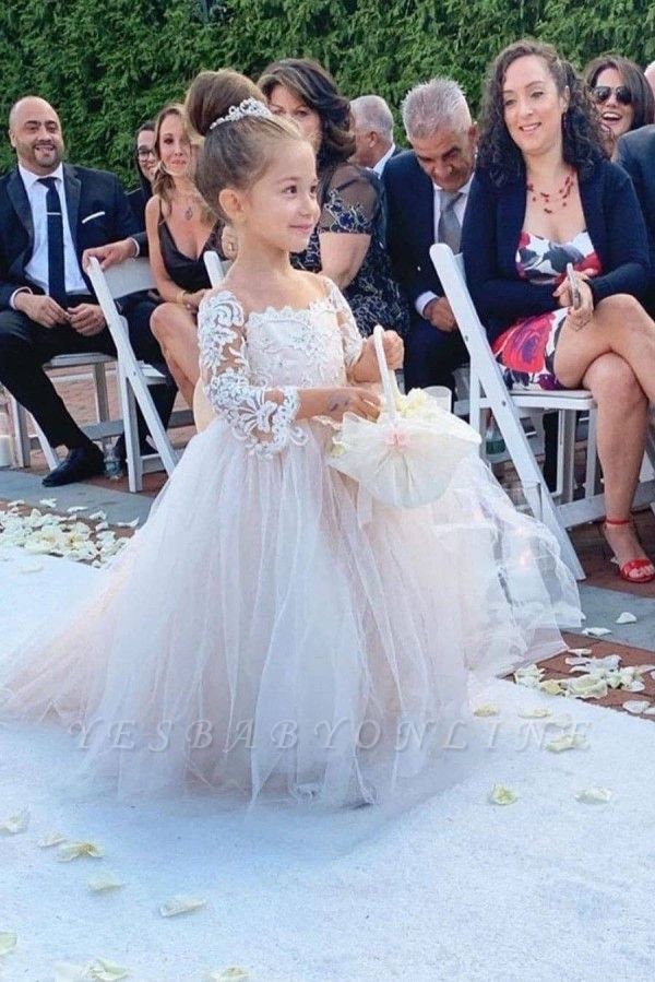 Princess Jewel Long Sleeves Sweep Train Lace Tulle Flower Girl Dresses with Bowknot