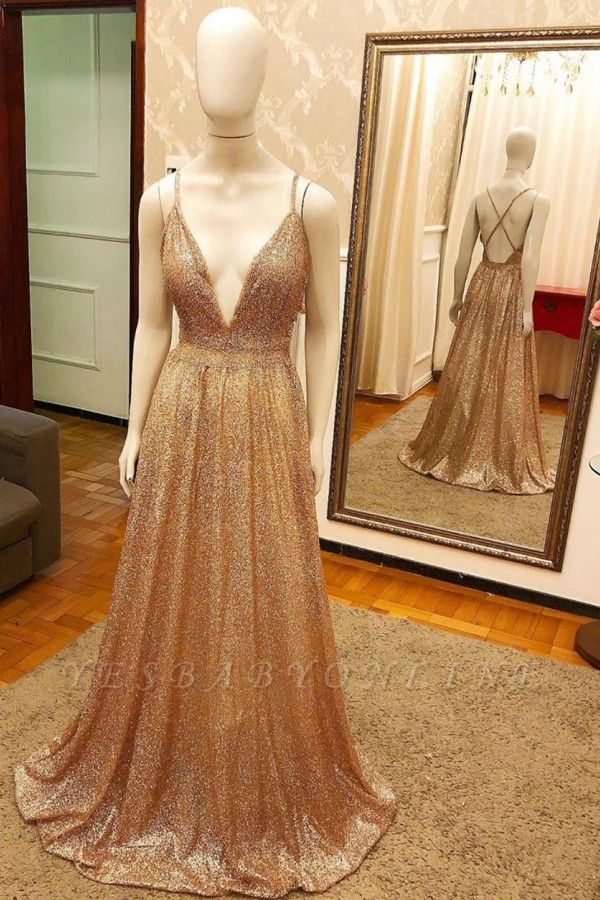 Alluring V-neck Criss-Cross Straps A-line Long Sequined Prom Dresses
