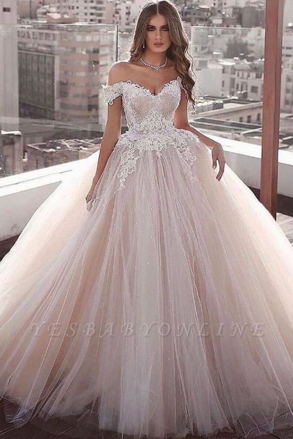 Glamorous Off the Shoulder Floor Length Ball Gown Lace Tulle Wedding Dresses