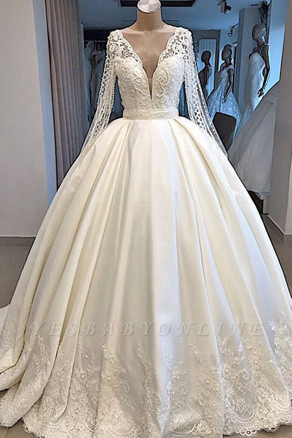 Princess V Neck Long sleeve Beading Pearls Sequin Ball Gown Wedding Dresses |  Puffy Illusion Back Bridal Gown