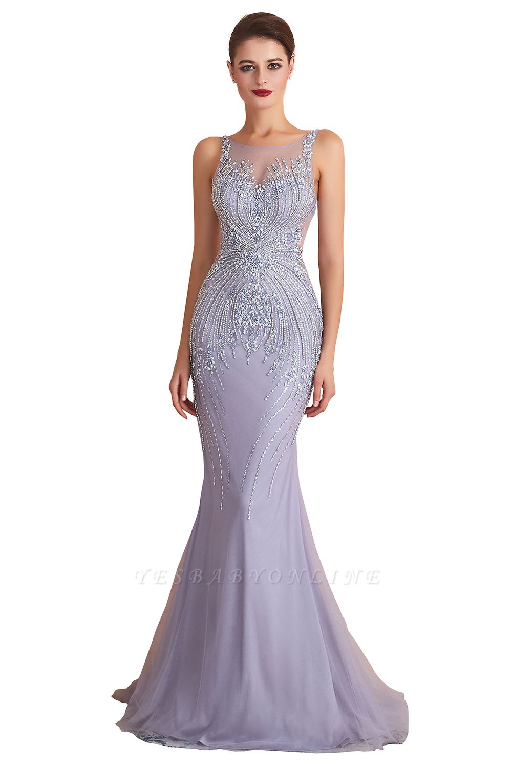 Sleeveless Bateau Beaded Sexy Long Mermaid Prom Dresses | Elegant Lilac Evening Dresses