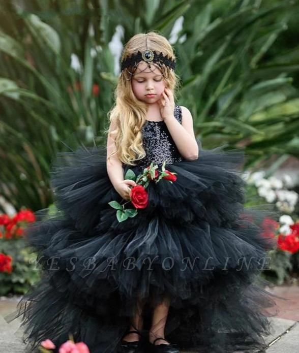 Jewel Sleeveless Hi-Lo Open Back Sequins Tulle Ball Gown Flower Girl Dresses