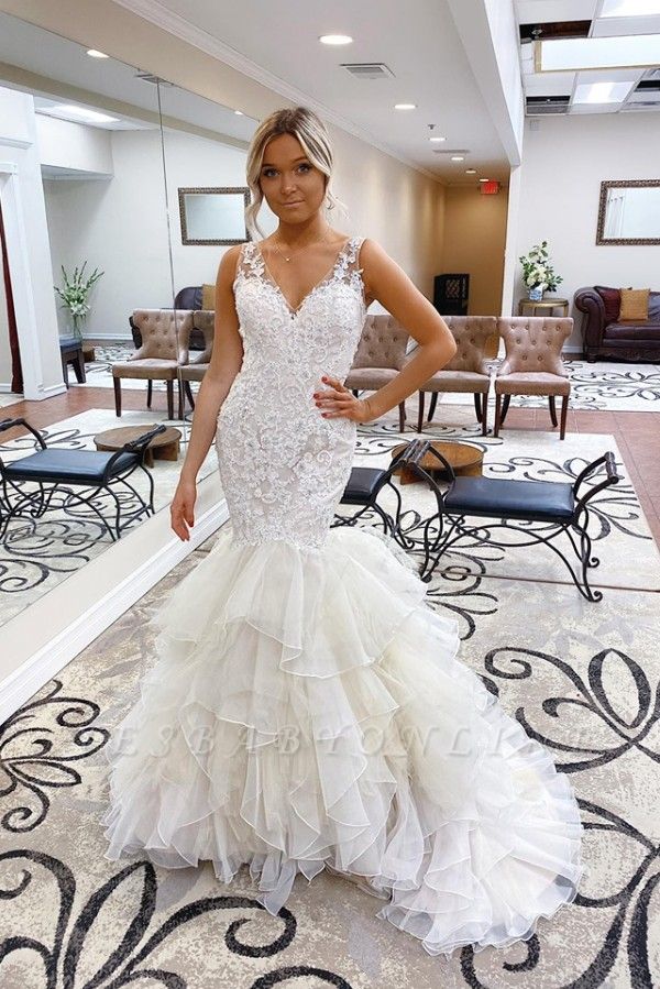 Gorgeous Straps V-neck Lace Tulle Mermaid Wedding Dresses | Trendy Bridal Gowns