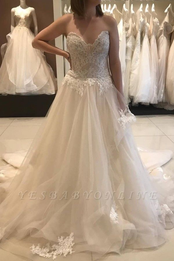 Strapless Sweetheart A-line Lace Tulle Wedding Dresses | Gorgeous Bridal Gown