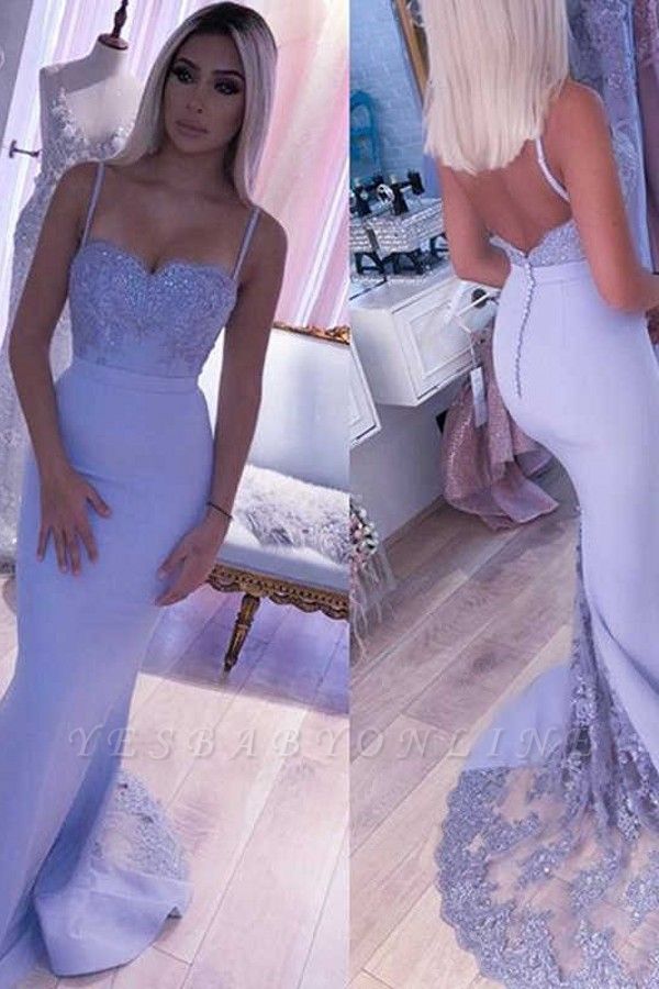 Spaghetti Straps Appliques Long Sexy Prom Dresses | Elegant Sweep Train Evening Dresses