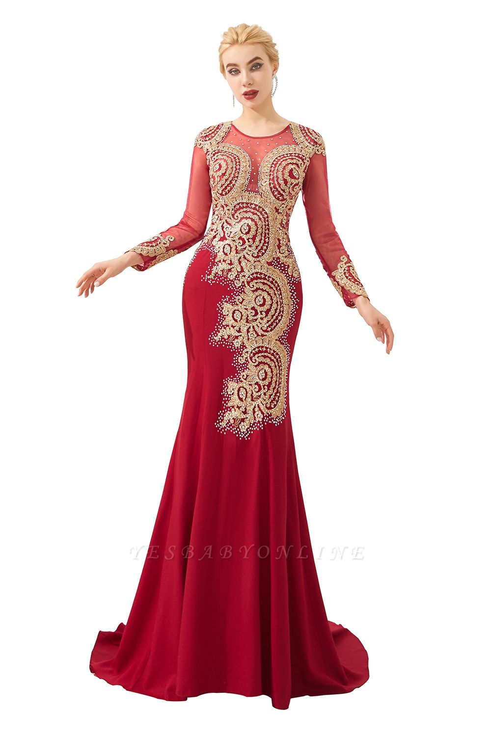 Gorgeous Form-fitting Long Sleeves Floor Length Prom Dresses | Long Beaded Evening Dresses