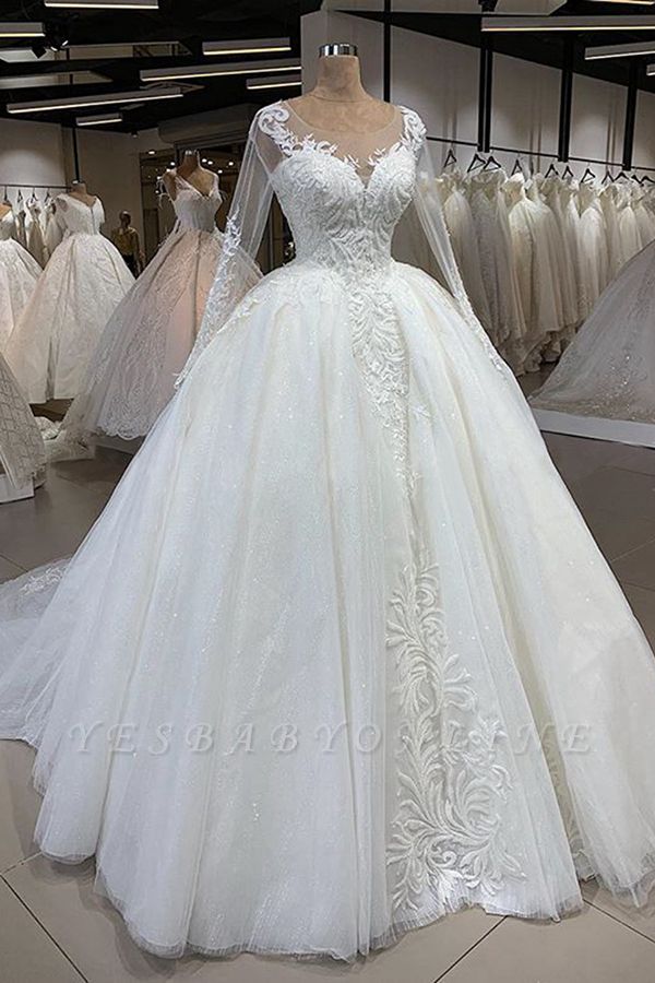 Glassic Long Sleeve Scoop A Line Lace Wedding Dresses | Applique Beading Puffy illusion Back Bridal Gown