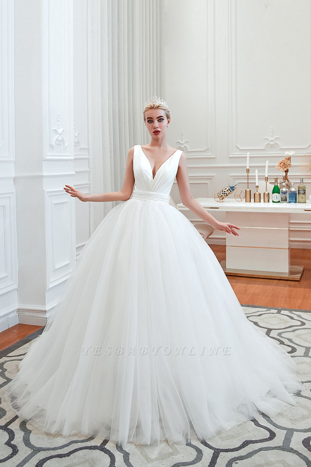 Elegant Floor Length V-neck Straps Belted A-line Tulle Wedding Dresses
