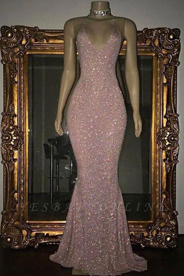 Shiny Blushing Pink Prom Dresses Sequins V-Neck Sleeveless Mermaid Evening Gowns