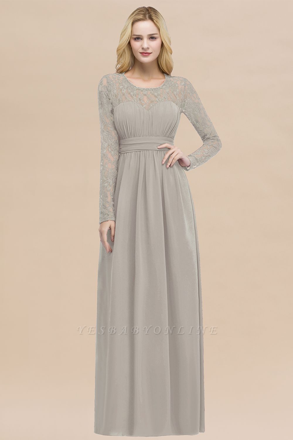 Elegant A-Line  Jewel Long Sleeves Ruffles Floor-Length Bridesmaid Dresses