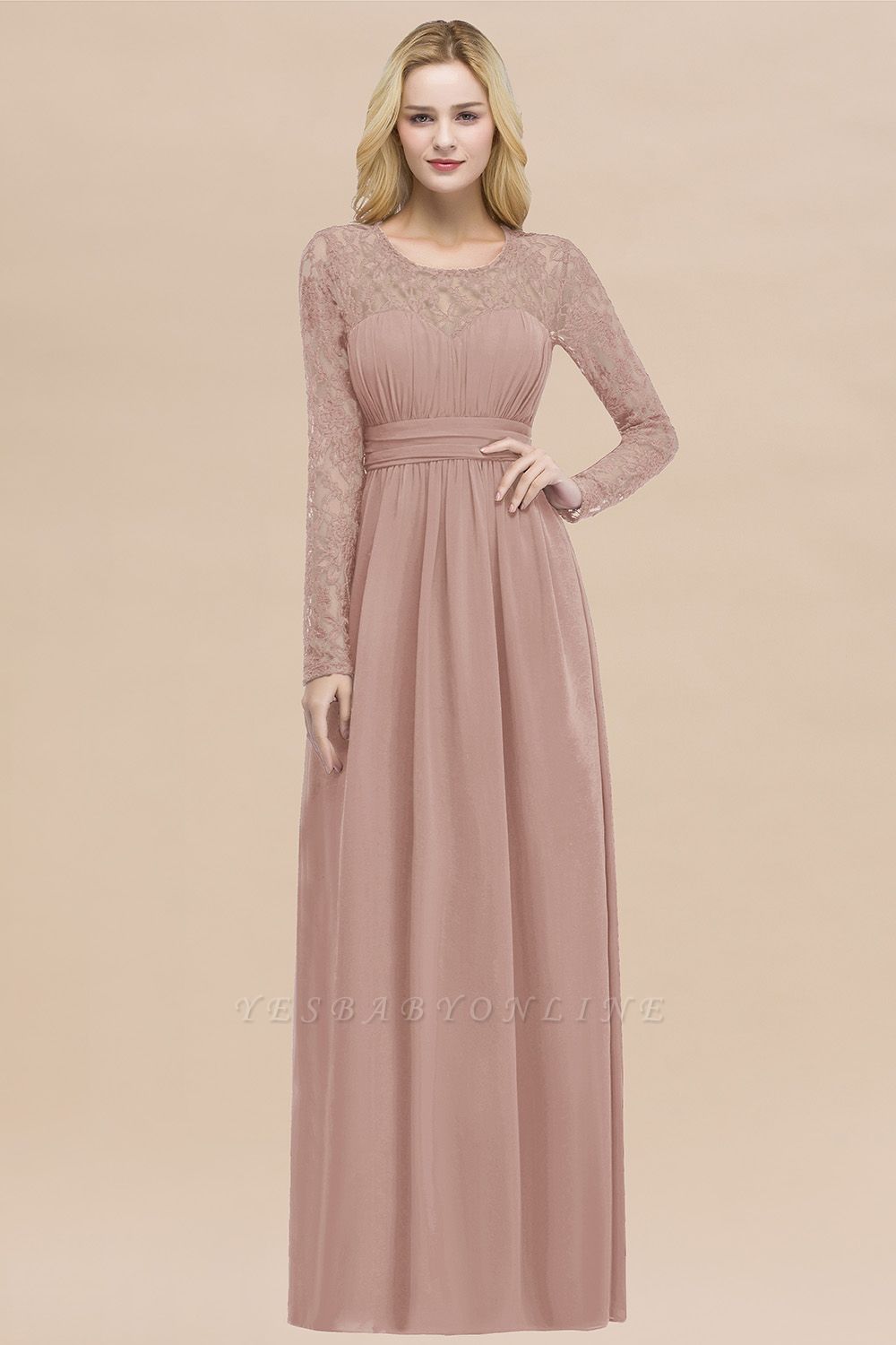 Elegant A-Line  Jewel Long Sleeves Ruffles Floor-Length Bridesmaid Dresses