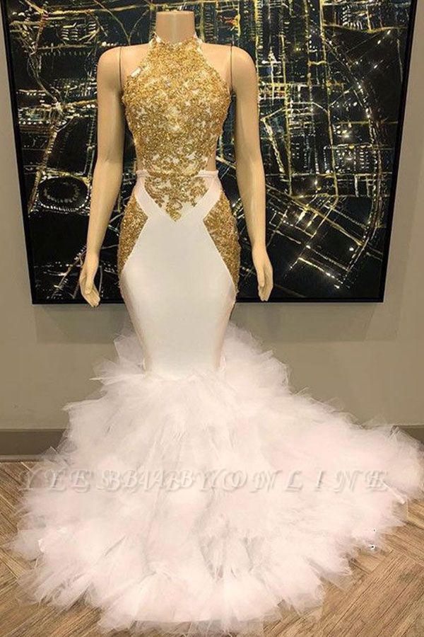 Sleeveless Golden Appliques Mesh Button Sexy Mermaid Prom Dresses