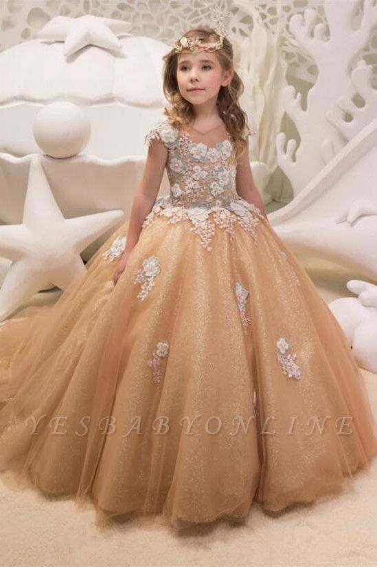 Cute Champagne Jewel Cap Sleeve Applique Pearls Ball Gown Flower Girl Dresses  | 3D Flower Ruffles Pageant Dress For Wedding Party