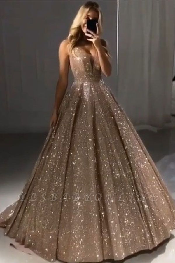 Shiny Gold Ball Gown Evening Dresses | Sexy V-Neck Sequin Prom Dresses