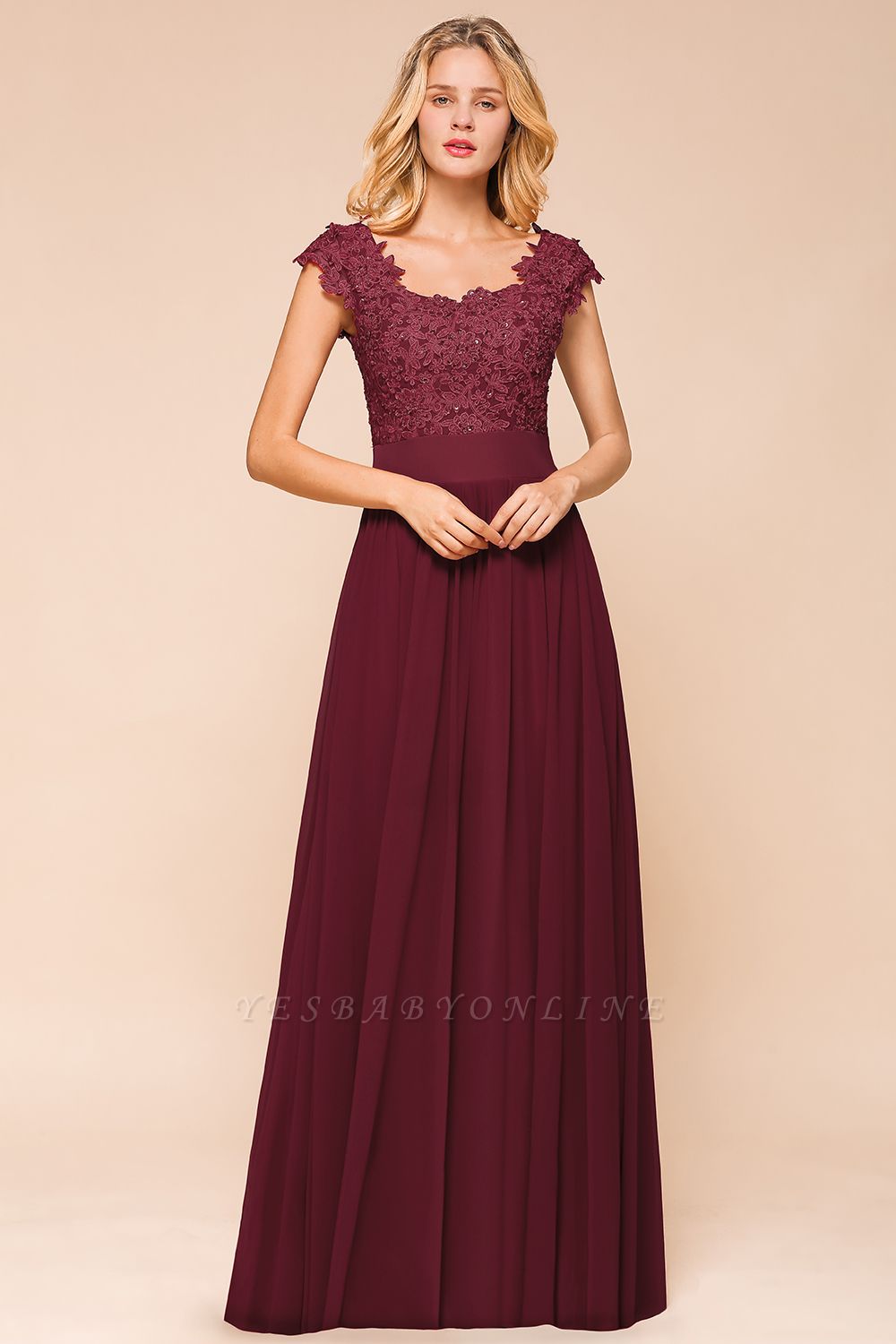 Cap Sleeve Scoop Lace Beading Floor Length Formal Evening Dresses | A Line Chiffon Sexy Prom Dresses