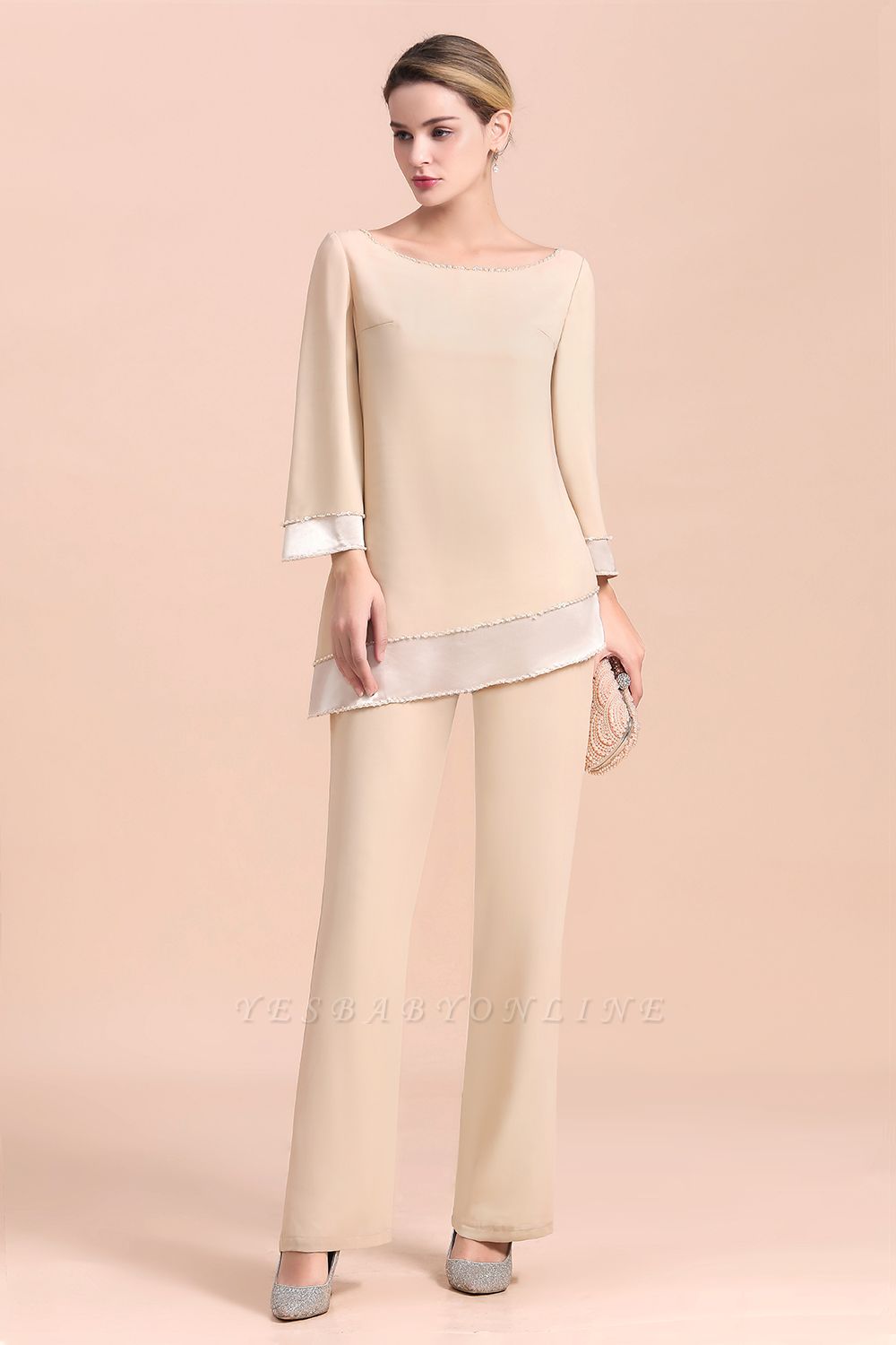 Champagne Bateau 3/4 Sleeves Chiffon Mother of Bride Pant Suits ...