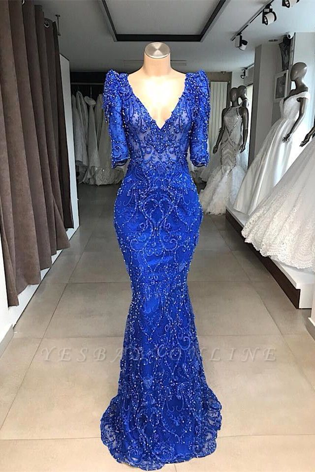 Royal Blue V-neck Half Sleeves Appliques Gorgeous Fitted Prom Gown