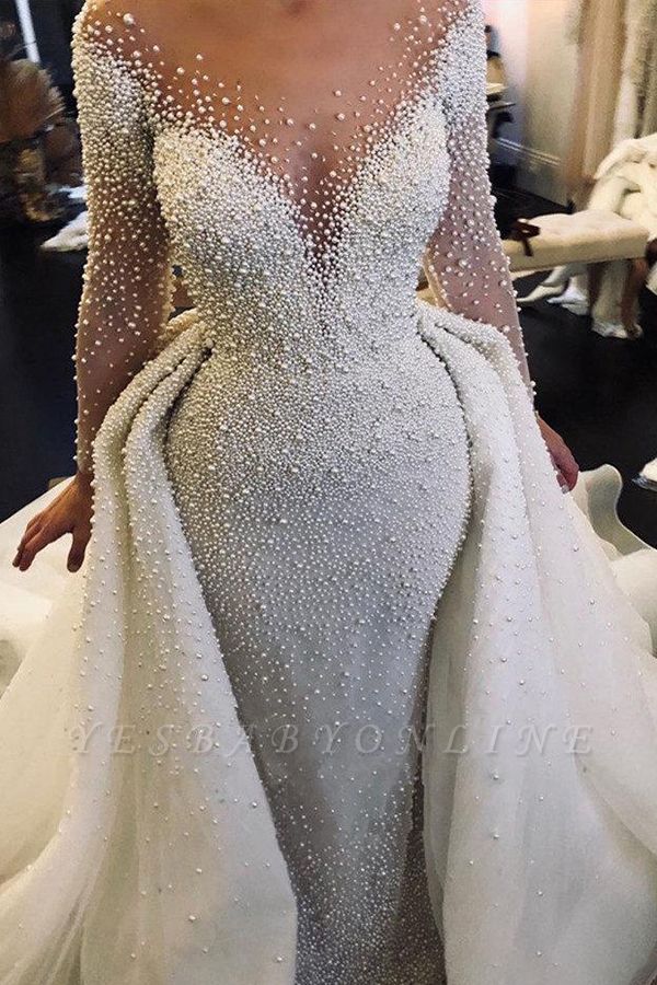 Stunning Pearls Detachable Train Brides Wedding Dress Long Sleeve Sheath Custom 