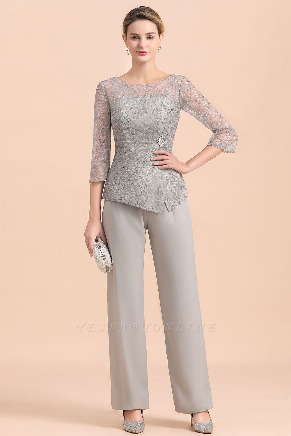 Elegant Smokey Blue Round Neck Half Sleeves Lace Mother of Bride Pants Suits