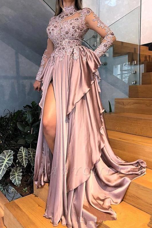 High Neck Long Sleeves Side Slit Pink Prom Dresses with Beads
