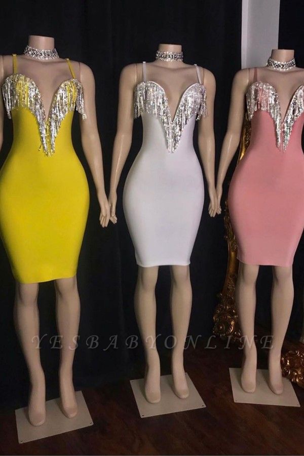 Hot Sexy Spaghetti Straps Bodycon Short Party Dresses with Fringes