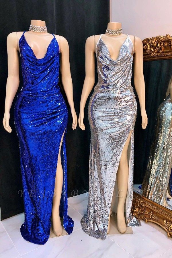 Draped Neckline Spaghetti Straps Sequined Long Prom Dresses with High Slit