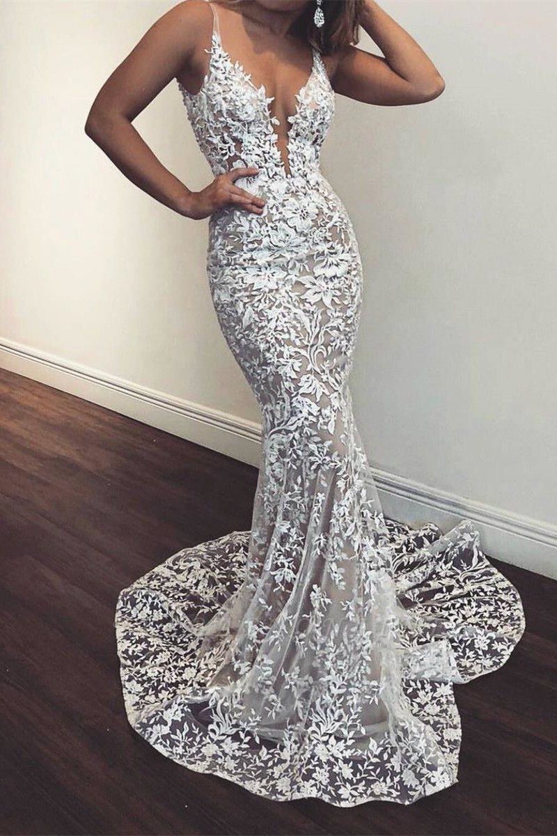 Spaghetti Straps V-neck Fitted Lace Prom Dresses