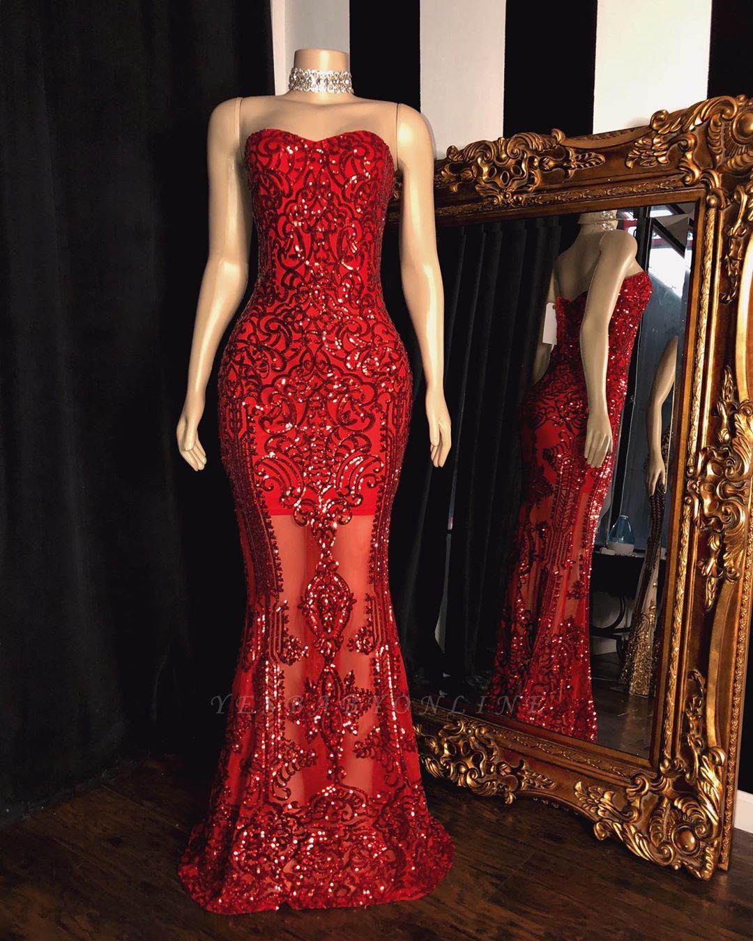 red sparkly strapless dress