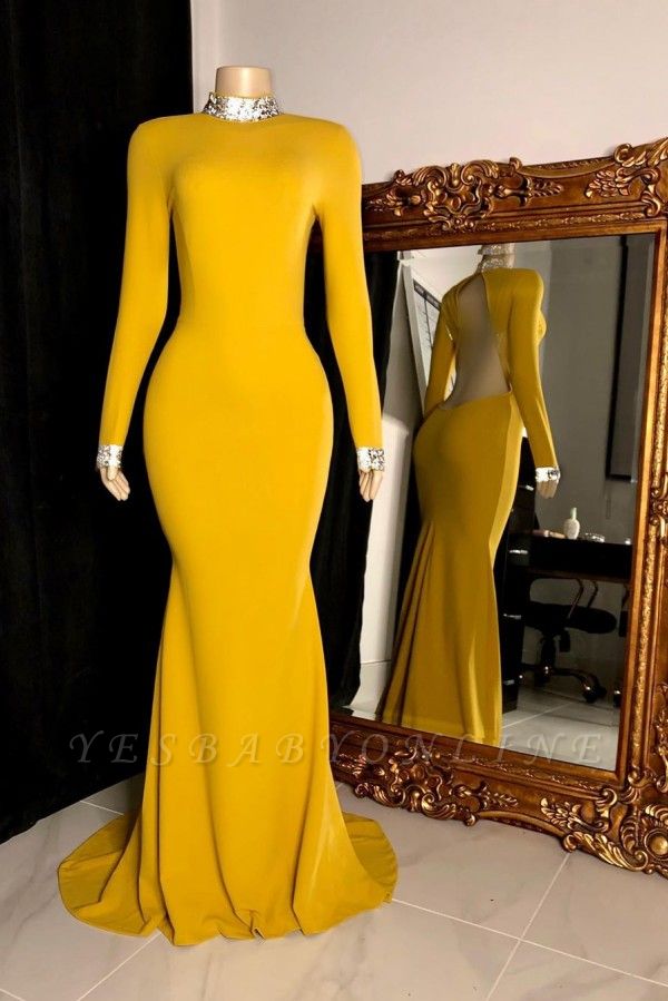 Women's Gorgeous High Neck Long-Sleeve Open Back Prom Dresses in Yellow