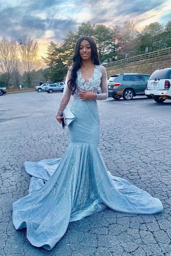 V-neck Long Sleeves Appliques Sequined Mermaid Prom Dresses