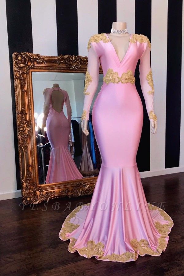 Hot Pink V-neck Long Sleeves Mermaid Prom Dresses with Appliques