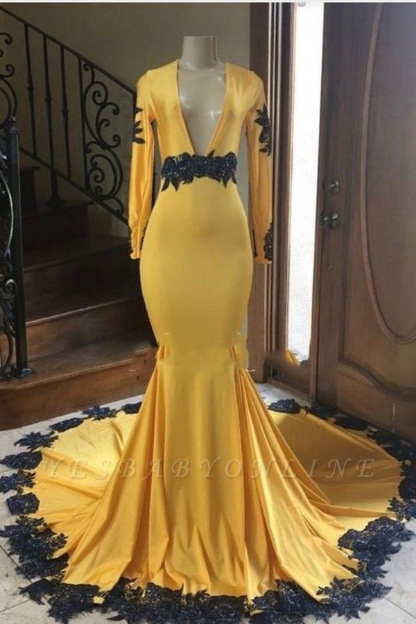 Gorgeous V-neck Long Sleeves Yellow Mermaid Prom Dresses with Lace