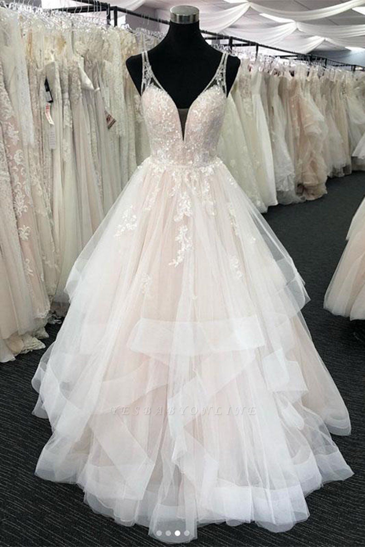 Chic V-Neck A-Line Sleeveless Floor length Tulle Wedding Dress with Ruffles