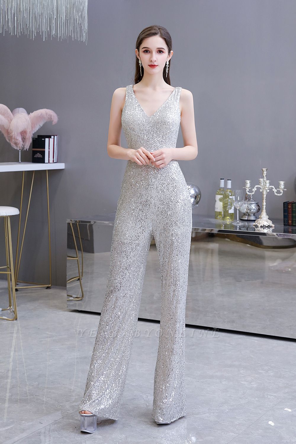 Women's Fashion V-neck Straps Sparkly Sequin Prom Jumpsuit