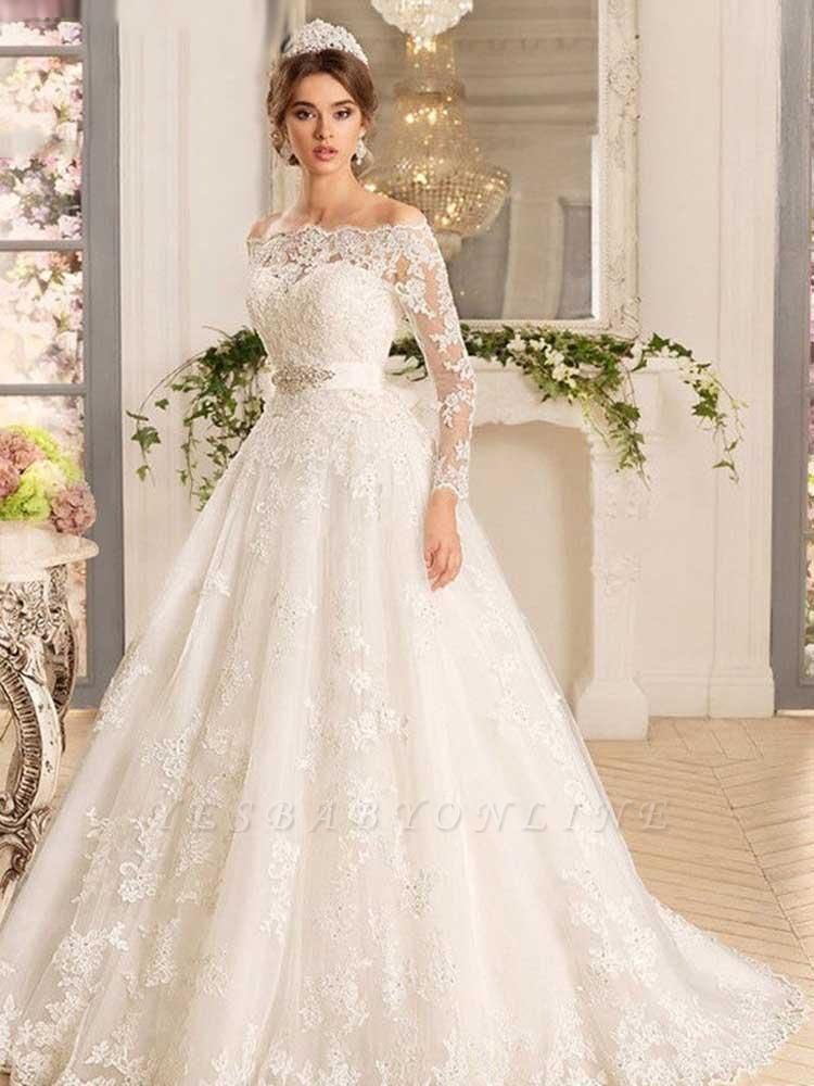 Classy Long Sleeve Off the Shoulder Appliques Lace A-Line Ruffles Wedding Dress