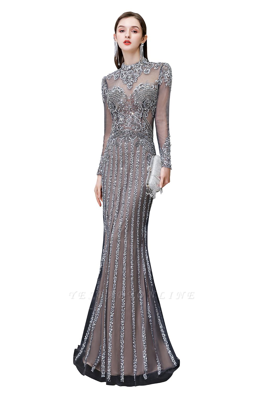 High Neck Long Sleeves Sheer Beaded Sexy Fitted Prom Dresses