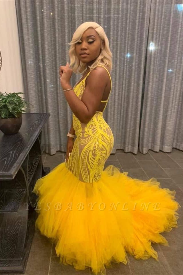 Yellow Mermaid Lace Open back Prom ...