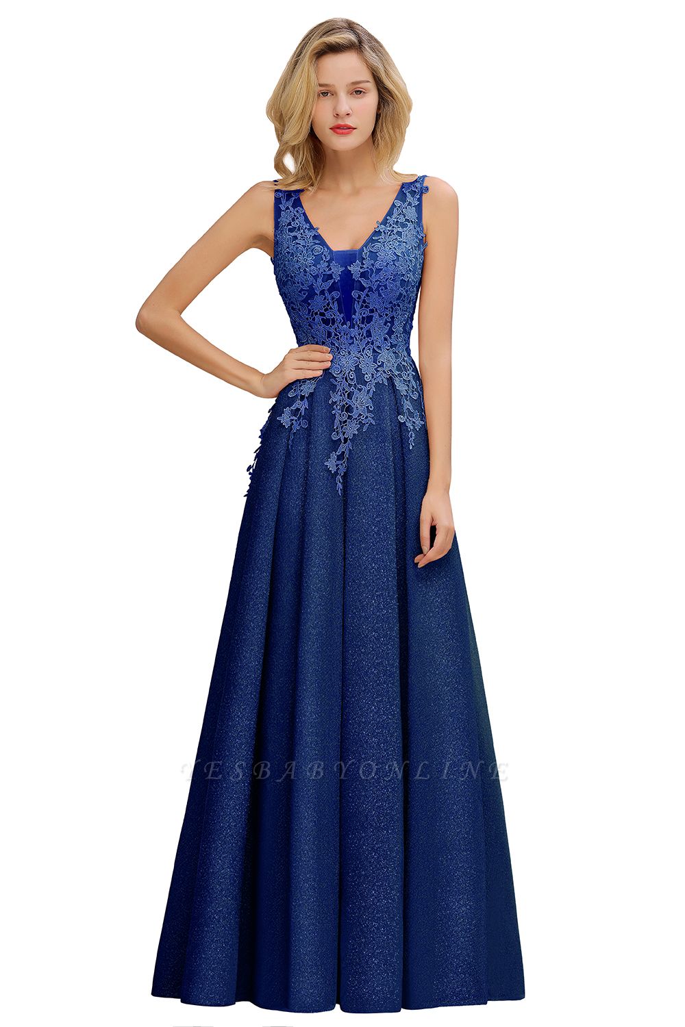 Elegant Sleeveless V-neck Floor Length Appliques Prom Dresses | Backless Evening Dresses